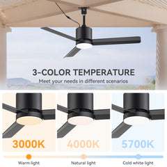 42-Inch Outdoor Ceiling Fan with Light, Matte Black Waterproof Ceiling Fan, 3-Blade Quiet DC Motor, Dimmable LED 3CCT, 6 Speeds Remote, Timer, Reversible for Patio Porch Gazebo
