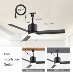 42-Inch Outdoor Ceiling Fan with Light, Matte Black Waterproof Ceiling Fan, 3-Blade Quiet DC Motor, Dimmable LED 3CCT, 6 Speeds Remote, Timer, Reversible for Patio Porch Gazebo