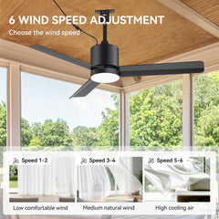 42-Inch Outdoor Ceiling Fan with Light, Matte Black Waterproof Ceiling Fan, 3-Blade Quiet DC Motor, Dimmable LED 3CCT, 6 Speeds Remote, Timer, Reversible for Patio Porch Gazebo
