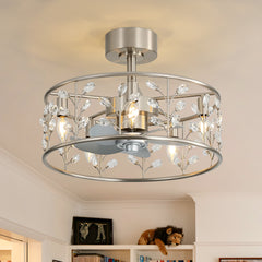 20" Crystal Cage Ceiling Fan with Light, Floral/Leaf Crystal Shade, 5-Blade Reversible DC Motor, 6 Speeds, Remote Control, Includes 6" & 10" Downrods, Indoor Ceiling Fan for Bedroom/Living Room