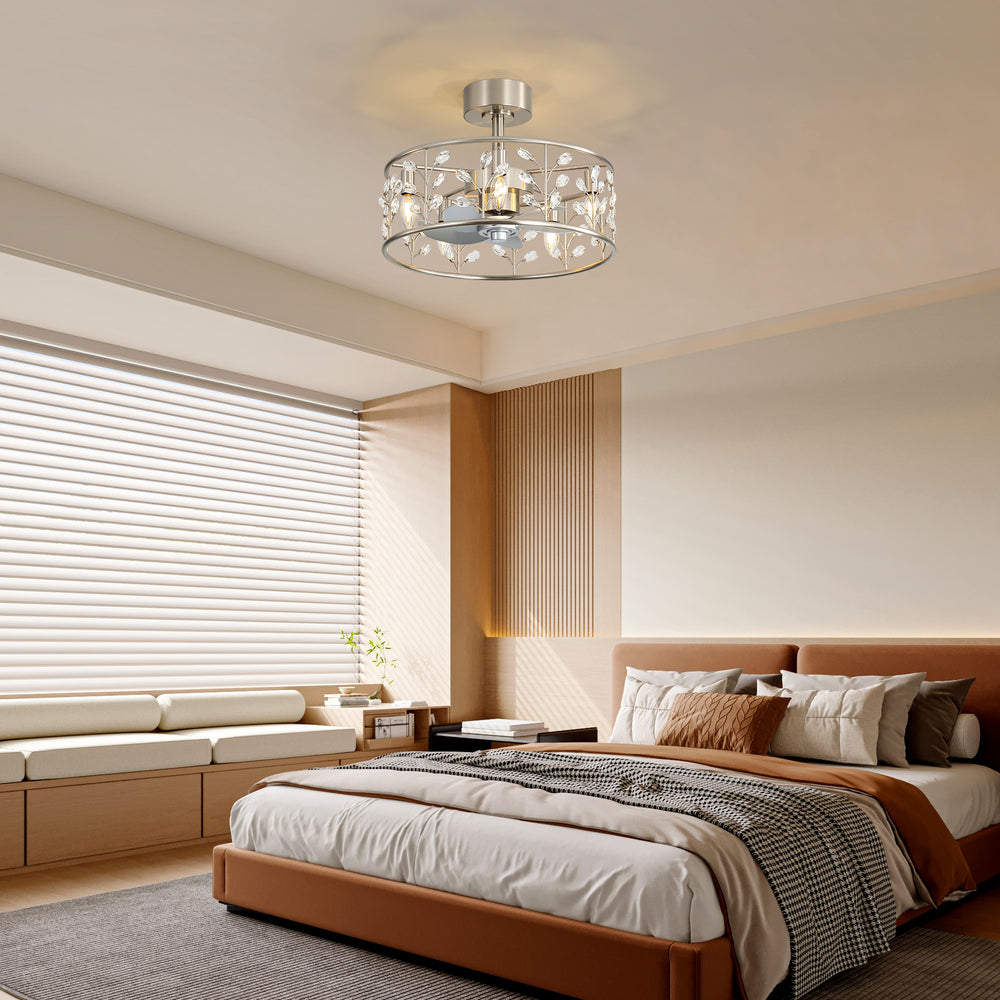 20-inch Crystal Cage Ceiling Fan with Light, Floral/Leaf Crystal Shade, 5-Blade Reversible DC Motor, 6 Speeds, Remote Control, Includes 6" & 10" Downrods, Indoor Ceiling Fan for Bedroom/Living Room