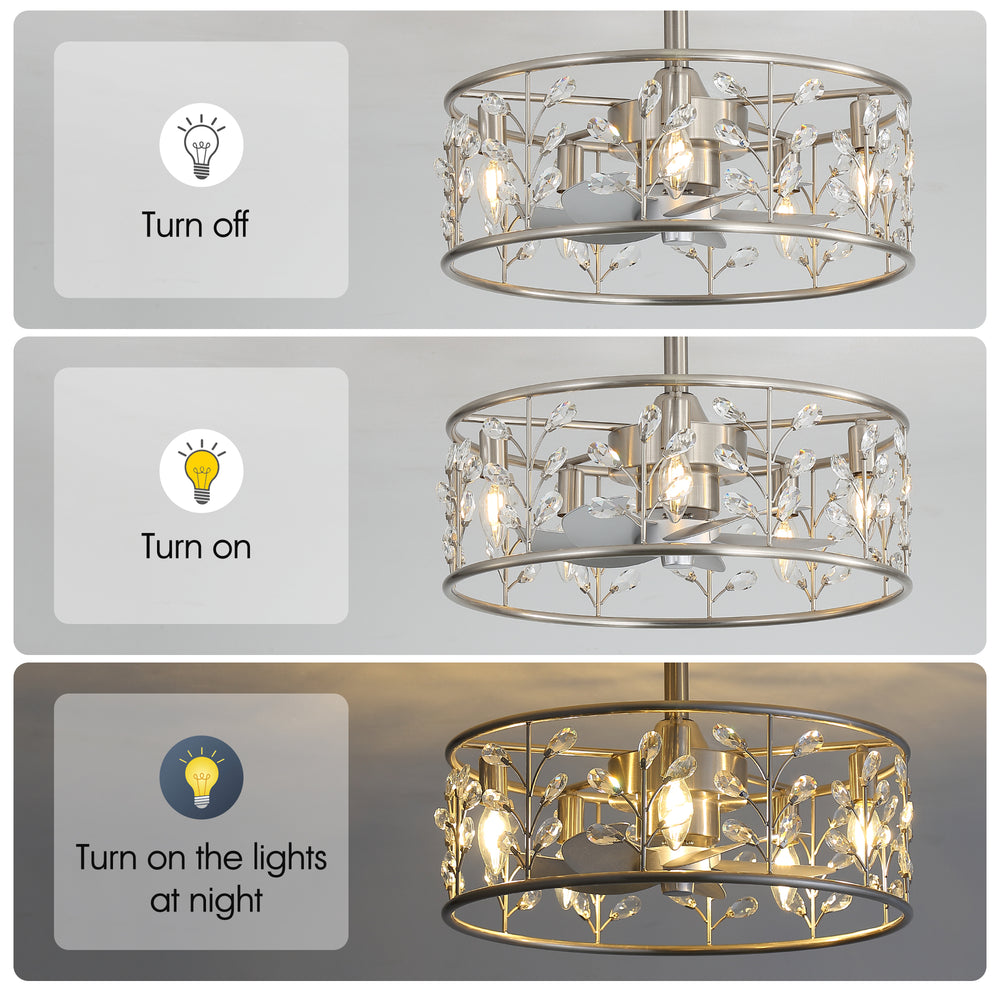20-inch Crystal Cage Ceiling Fan with Light, Floral/Leaf Crystal Shade, 5-Blade Reversible DC Motor, 6 Speeds, Remote Control, Includes 6" & 10" Downrods, Indoor Ceiling Fan for Bedroom/Living Room