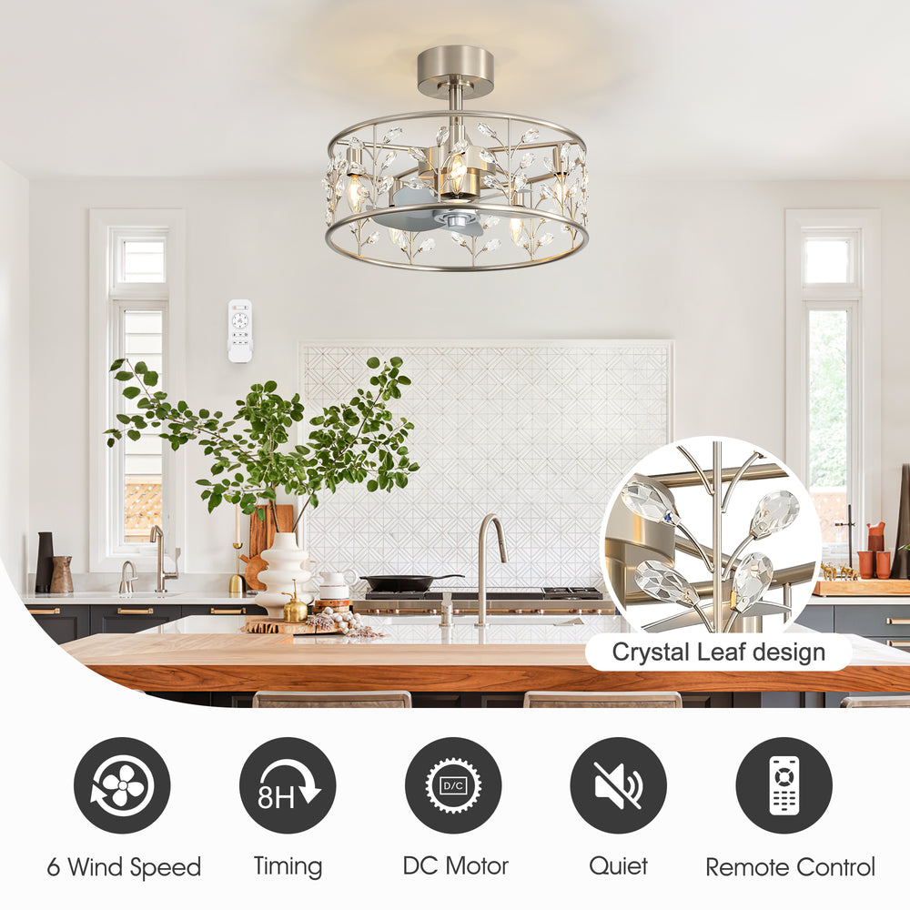 20-inch Crystal Cage Ceiling Fan with Light, Floral/Leaf Crystal Shade, 5-Blade Reversible DC Motor, 6 Speeds, Remote Control, Includes 6" & 10" Downrods, Indoor Ceiling Fan for Bedroom/Living Room