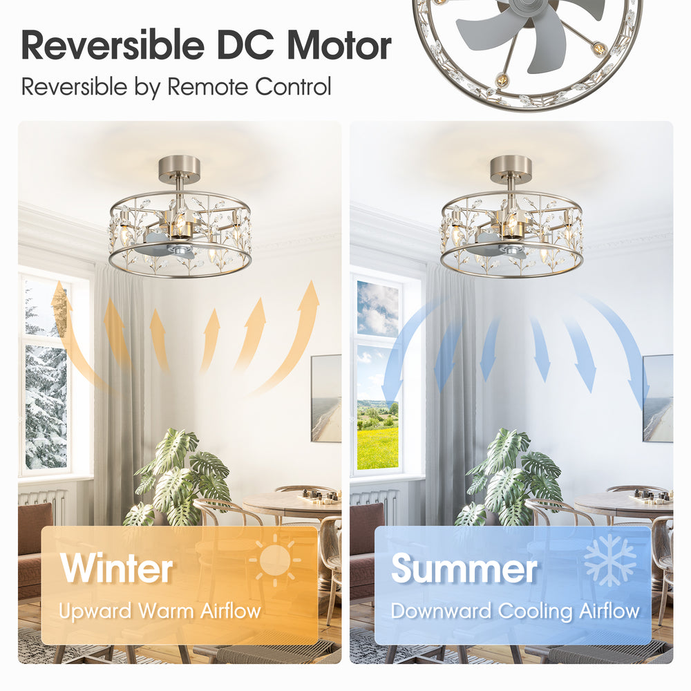 20-inch Crystal Cage Ceiling Fan with Light, Floral/Leaf Crystal Shade, 5-Blade Reversible DC Motor, 6 Speeds, Remote Control, Includes 6" & 10" Downrods, Indoor Ceiling Fan for Bedroom/Living Room