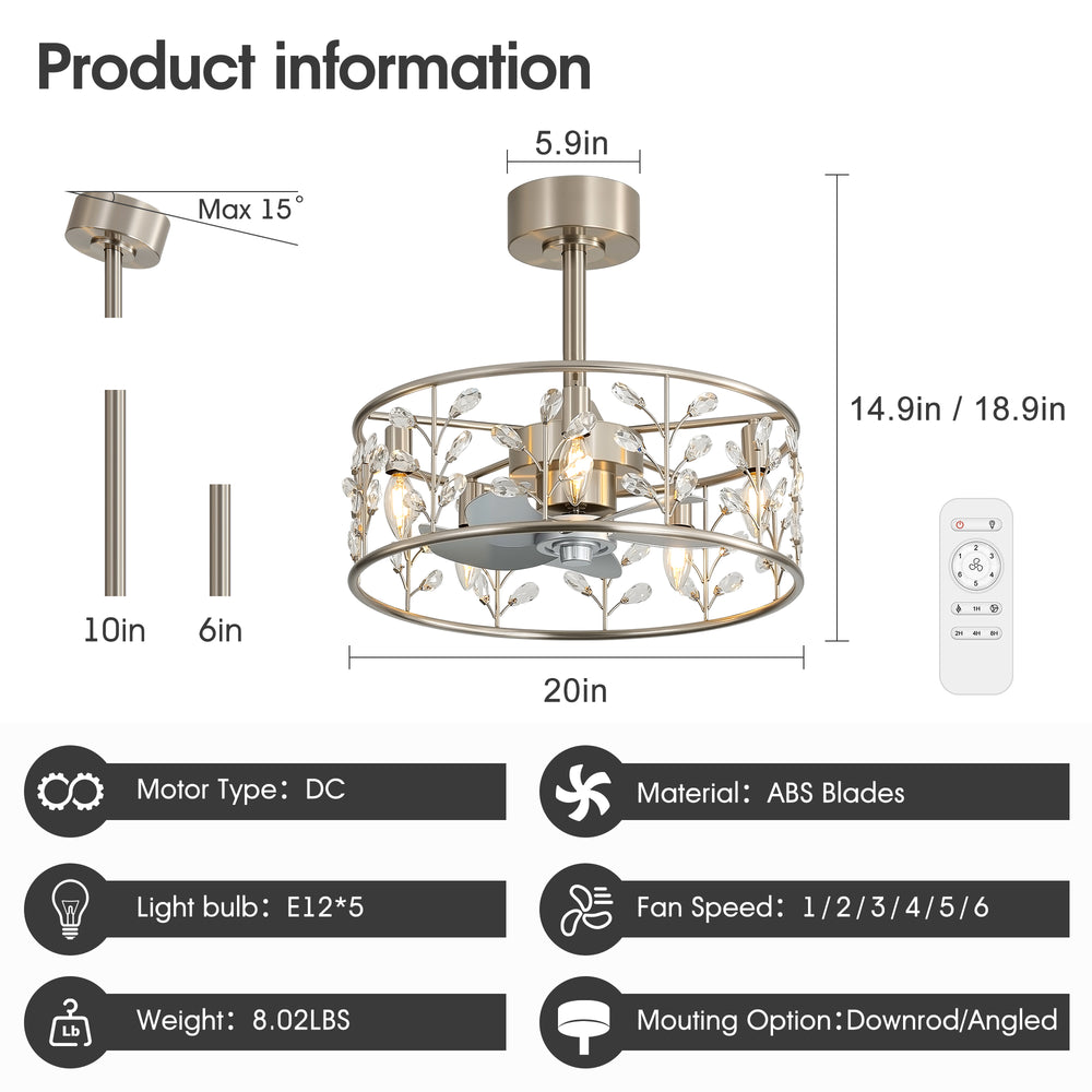 20-inch Crystal Cage Ceiling Fan with Light, Floral/Leaf Crystal Shade, 5-Blade Reversible DC Motor, 6 Speeds, Remote Control, Includes 6" & 10" Downrods, Indoor Ceiling Fan for Bedroom/Living Room