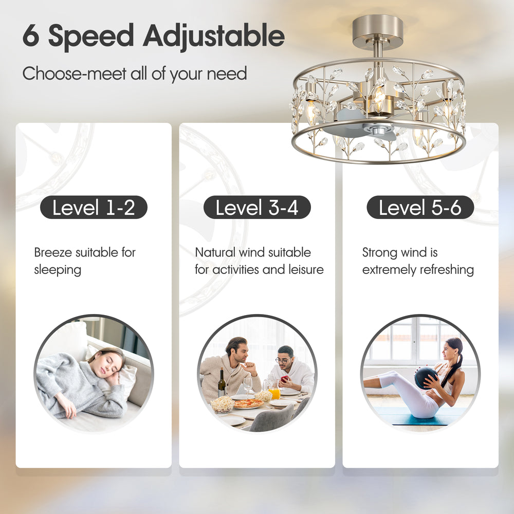 20-inch Crystal Cage Ceiling Fan with Light, Floral/Leaf Crystal Shade, 5-Blade Reversible DC Motor, 6 Speeds, Remote Control, Includes 6" & 10" Downrods, Indoor Ceiling Fan for Bedroom/Living Room