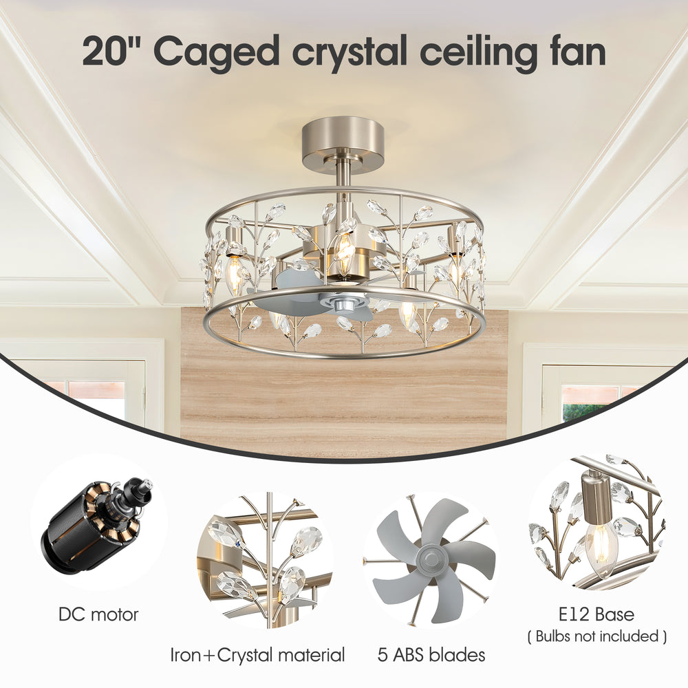 20-inch Crystal Cage Ceiling Fan with Light, Floral/Leaf Crystal Shade, 5-Blade Reversible DC Motor, 6 Speeds, Remote Control, Includes 6" & 10" Downrods, Indoor Ceiling Fan for Bedroom/Living Room