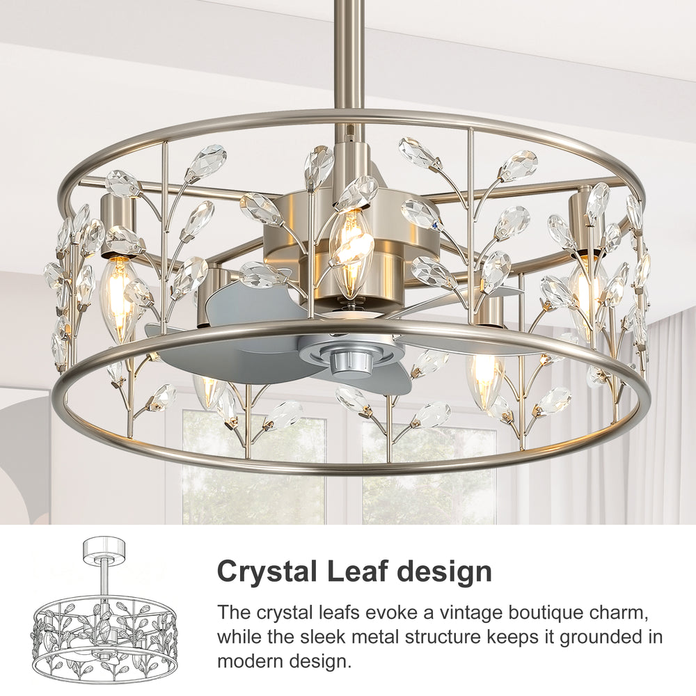 20-inch Crystal Cage Ceiling Fan with Light, Floral/Leaf Crystal Shade, 5-Blade Reversible DC Motor, 6 Speeds, Remote Control, Includes 6" & 10" Downrods, Indoor Ceiling Fan for Bedroom/Living Room