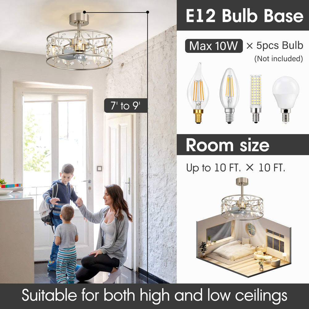 20-inch Crystal Cage Ceiling Fan with Light, Floral/Leaf Crystal Shade, 5-Blade Reversible DC Motor, 6 Speeds, Remote Control, Includes 6" & 10" Downrods, Indoor Ceiling Fan for Bedroom/Living Room