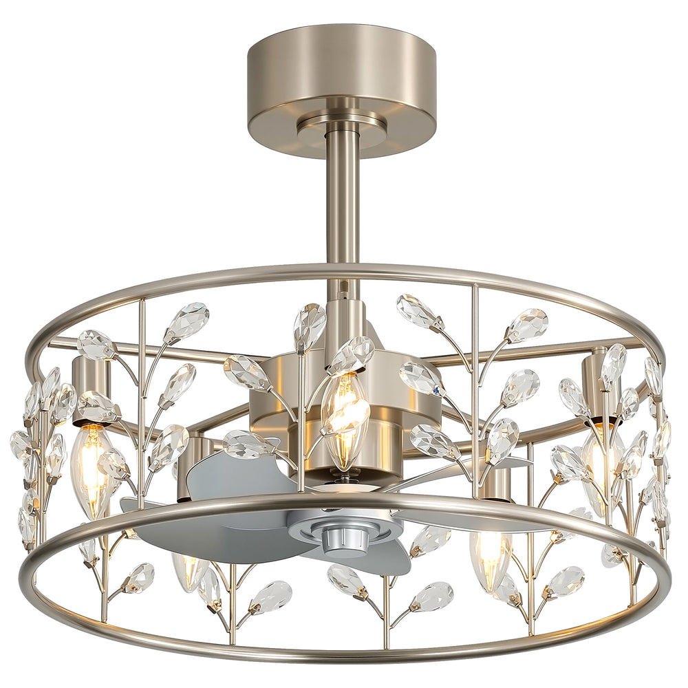 20-inch Crystal Cage Ceiling Fan with Light, Floral/Leaf Crystal Shade, 5-Blade Reversible DC Motor, 6 Speeds, Remote Control, Includes 6" & 10" Downrods, Indoor Ceiling Fan for Bedroom/Living Room