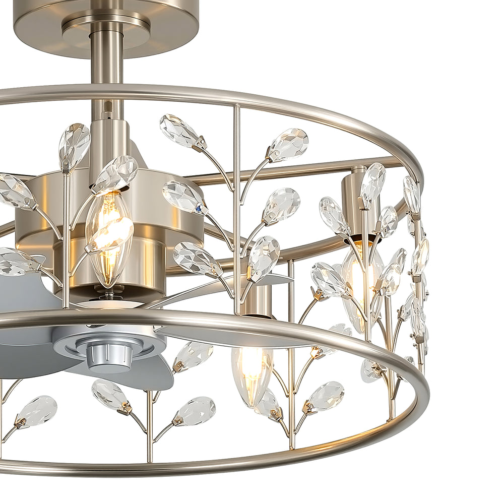 20-inch Crystal Cage Ceiling Fan with Light, Floral/Leaf Crystal Shade, 5-Blade Reversible DC Motor, 6 Speeds, Remote Control, Includes 6" & 10" Downrods, Indoor Ceiling Fan for Bedroom/Living Room
