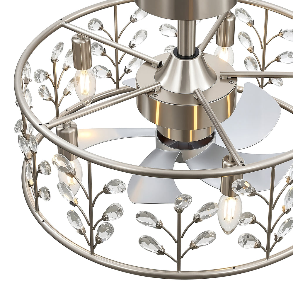 20-inch Crystal Cage Ceiling Fan with Light, Floral/Leaf Crystal Shade, 5-Blade Reversible DC Motor, 6 Speeds, Remote Control, Includes 6" & 10" Downrods, Indoor Ceiling Fan for Bedroom/Living Room
