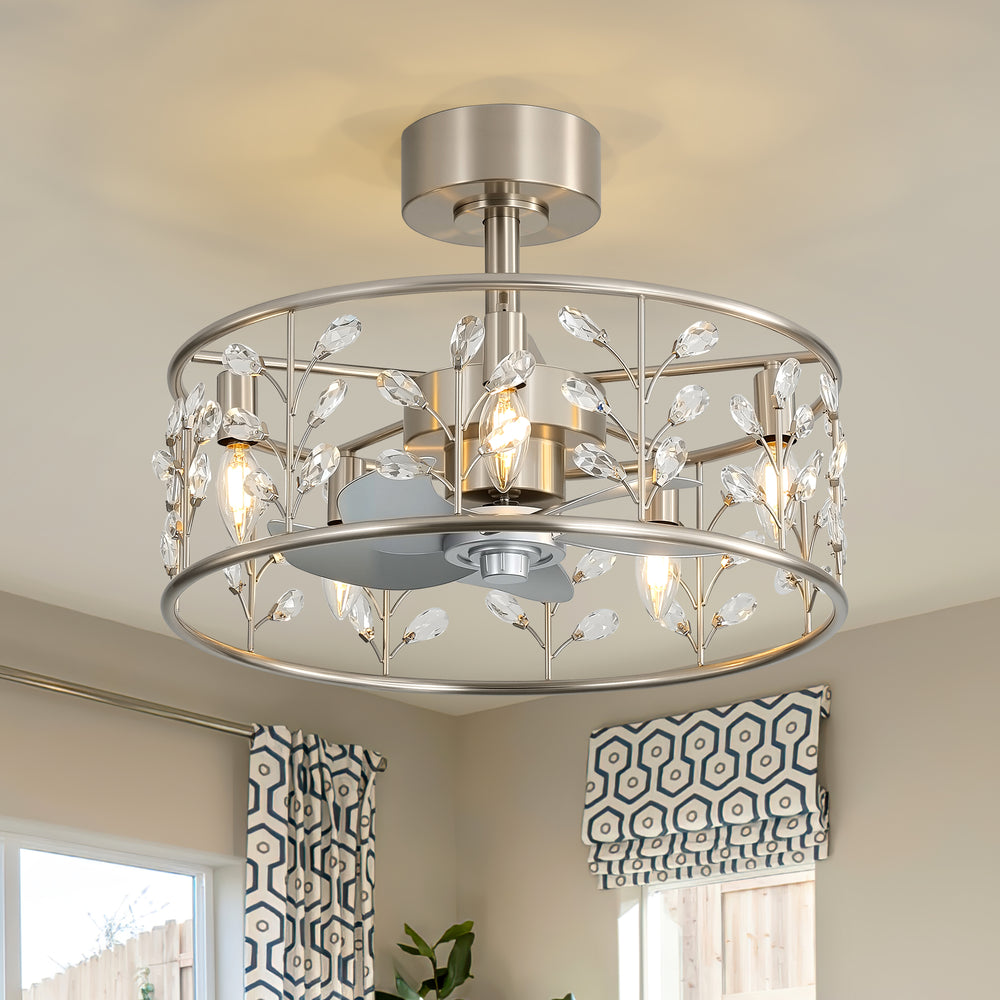 20-inch Crystal Cage Ceiling Fan with Light, Floral/Leaf Crystal Shade, 5-Blade Reversible DC Motor, 6 Speeds, Remote Control, Includes 6" & 10" Downrods, Indoor Ceiling Fan for Bedroom/Living Room