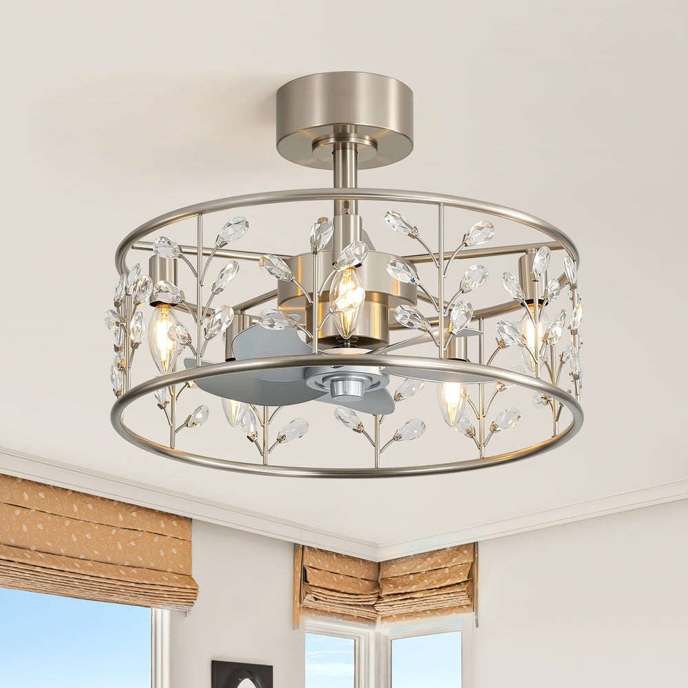 20-inch Crystal Cage Ceiling Fan with Light, Floral/Leaf Crystal Shade, 5-Blade Reversible DC Motor, 6 Speeds, Remote Control, Includes 6" & 10" Downrods, Indoor Ceiling Fan for Bedroom/Living Room