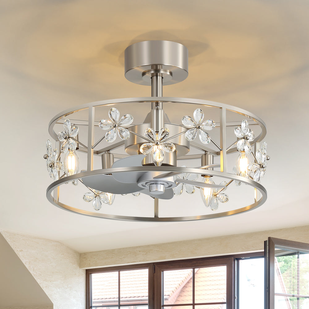 20-inch Crystal Cage Ceiling Fan with Light, Floral/Leaf Crystal Shade, 5-Blade Reversible DC Motor, 6 Speeds, Remote Control, Includes 6" & 10" Downrods, Indoor Ceiling Fan for Bedroom/Living Room