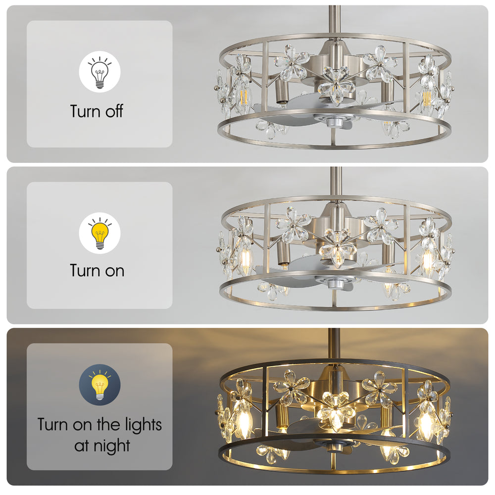 20-inch Crystal Cage Ceiling Fan with Light, Floral/Leaf Crystal Shade, 5-Blade Reversible DC Motor, 6 Speeds, Remote Control, Includes 6" & 10" Downrods, Indoor Ceiling Fan for Bedroom/Living Room