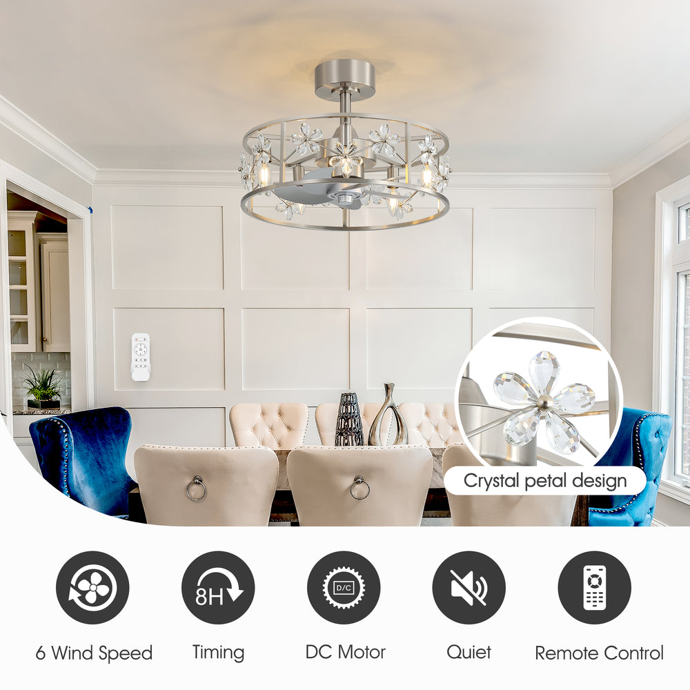 20-inch Crystal Cage Ceiling Fan with Light, Floral/Leaf Crystal Shade, 5-Blade Reversible DC Motor, 6 Speeds, Remote Control, Includes 6" & 10" Downrods, Indoor Ceiling Fan for Bedroom/Living Room