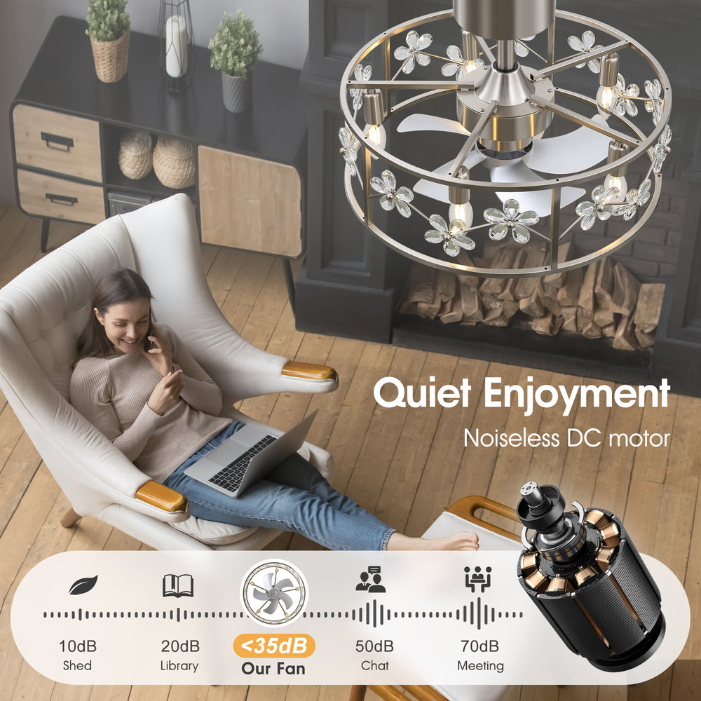 20-inch Crystal Cage Ceiling Fan with Light, Floral/Leaf Crystal Shade, 5-Blade Reversible DC Motor, 6 Speeds, Remote Control, Includes 6" & 10" Downrods, Indoor Ceiling Fan for Bedroom/Living Room