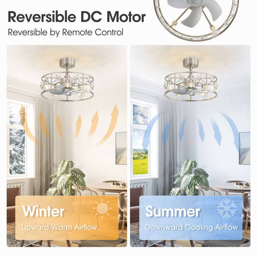 20-inch Crystal Cage Ceiling Fan with Light, Floral/Leaf Crystal Shade, 5-Blade Reversible DC Motor, 6 Speeds, Remote Control, Includes 6" & 10" Downrods, Indoor Ceiling Fan for Bedroom/Living Room
