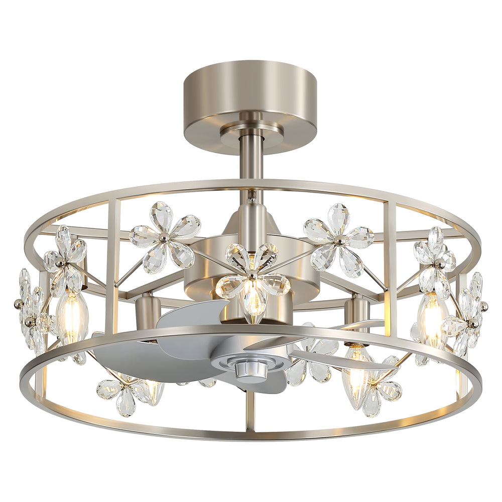 20-inch Crystal Cage Ceiling Fan with Light, Floral/Leaf Crystal Shade, 5-Blade Reversible DC Motor, 6 Speeds, Remote Control, Includes 6" & 10" Downrods, Indoor Ceiling Fan for Bedroom/Living Room