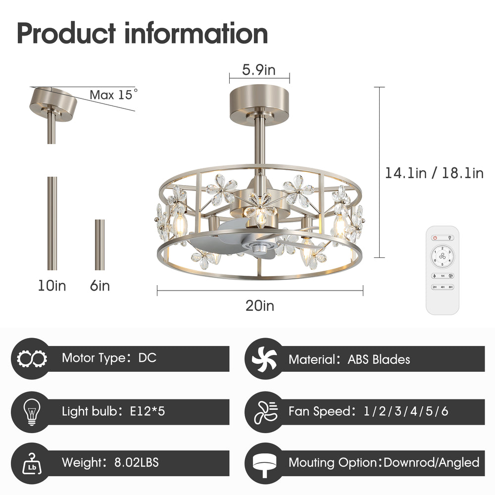 20-inch Crystal Cage Ceiling Fan with Light, Floral/Leaf Crystal Shade, 5-Blade Reversible DC Motor, 6 Speeds, Remote Control, Includes 6" & 10" Downrods, Indoor Ceiling Fan for Bedroom/Living Room