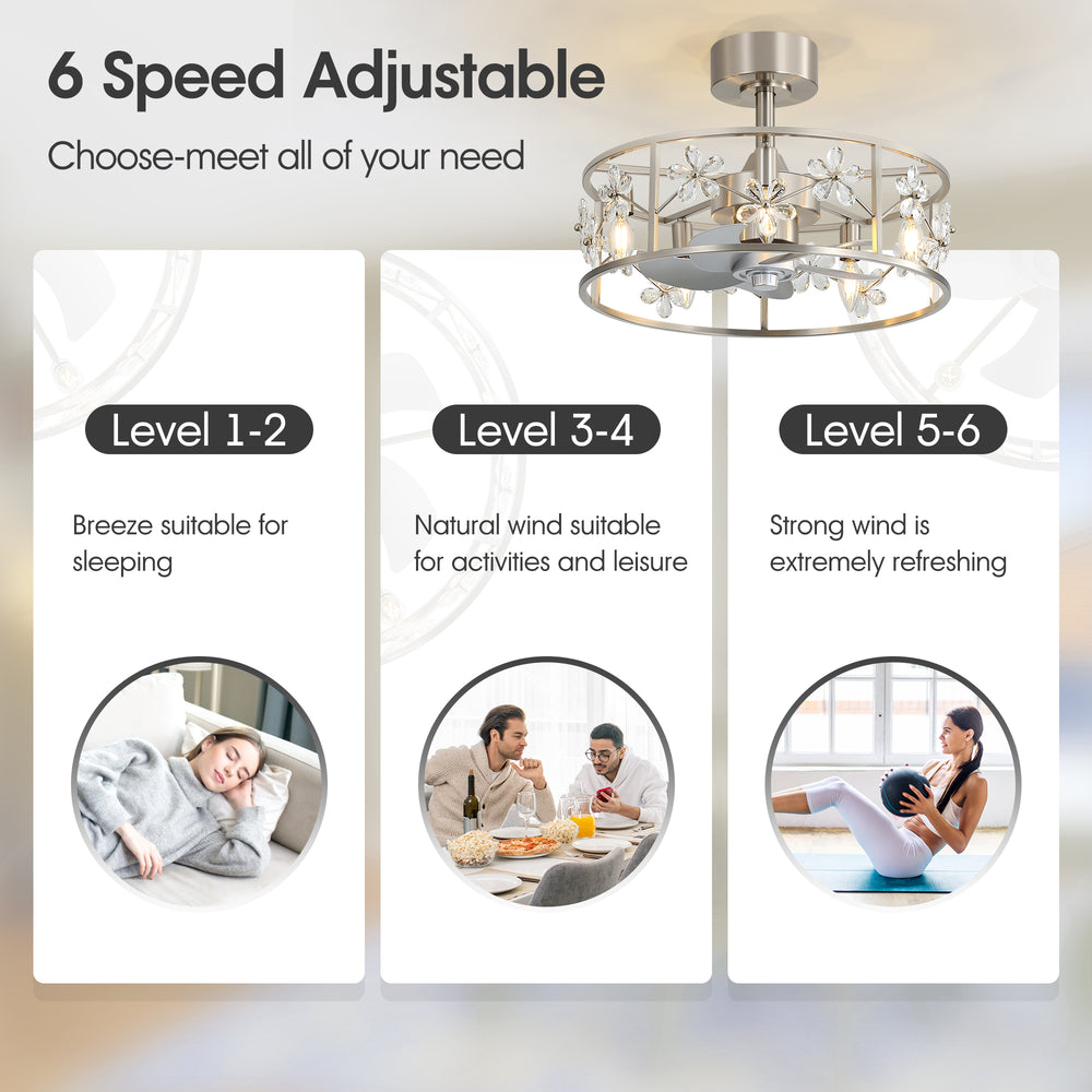 20-inch Crystal Cage Ceiling Fan with Light, Floral/Leaf Crystal Shade, 5-Blade Reversible DC Motor, 6 Speeds, Remote Control, Includes 6" & 10" Downrods, Indoor Ceiling Fan for Bedroom/Living Room