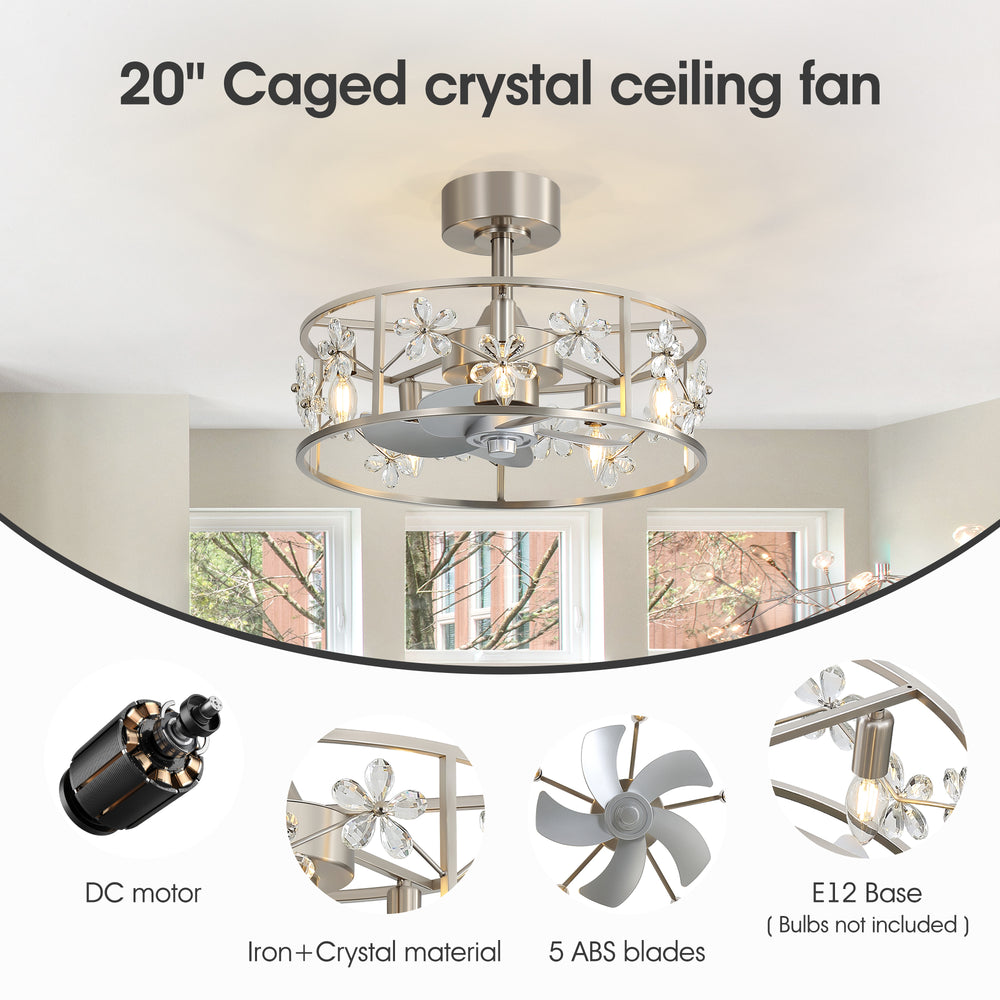 20-inch Crystal Cage Ceiling Fan with Light, Floral/Leaf Crystal Shade, 5-Blade Reversible DC Motor, 6 Speeds, Remote Control, Includes 6" & 10" Downrods, Indoor Ceiling Fan for Bedroom/Living Room