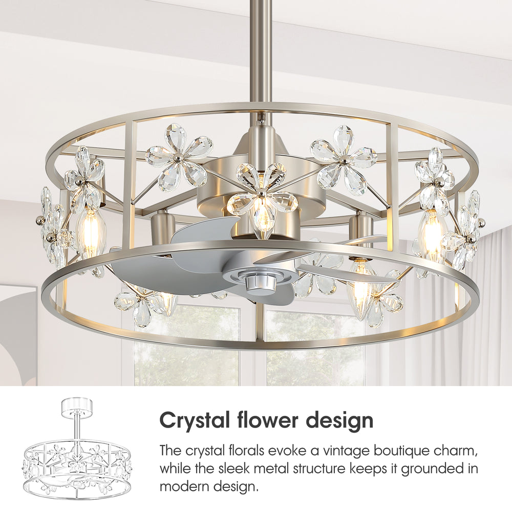 20-inch Crystal Cage Ceiling Fan with Light, Floral/Leaf Crystal Shade, 5-Blade Reversible DC Motor, 6 Speeds, Remote Control, Includes 6" & 10" Downrods, Indoor Ceiling Fan for Bedroom/Living Room