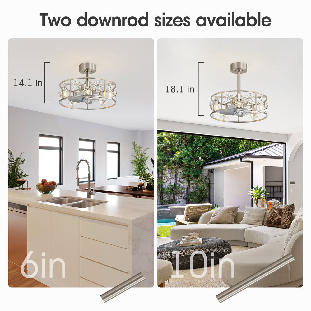 20-inch Crystal Cage Ceiling Fan with Light, Floral/Leaf Crystal Shade, 5-Blade Reversible DC Motor, 6 Speeds, Remote Control, Includes 6" & 10" Downrods, Indoor Ceiling Fan for Bedroom/Living Room