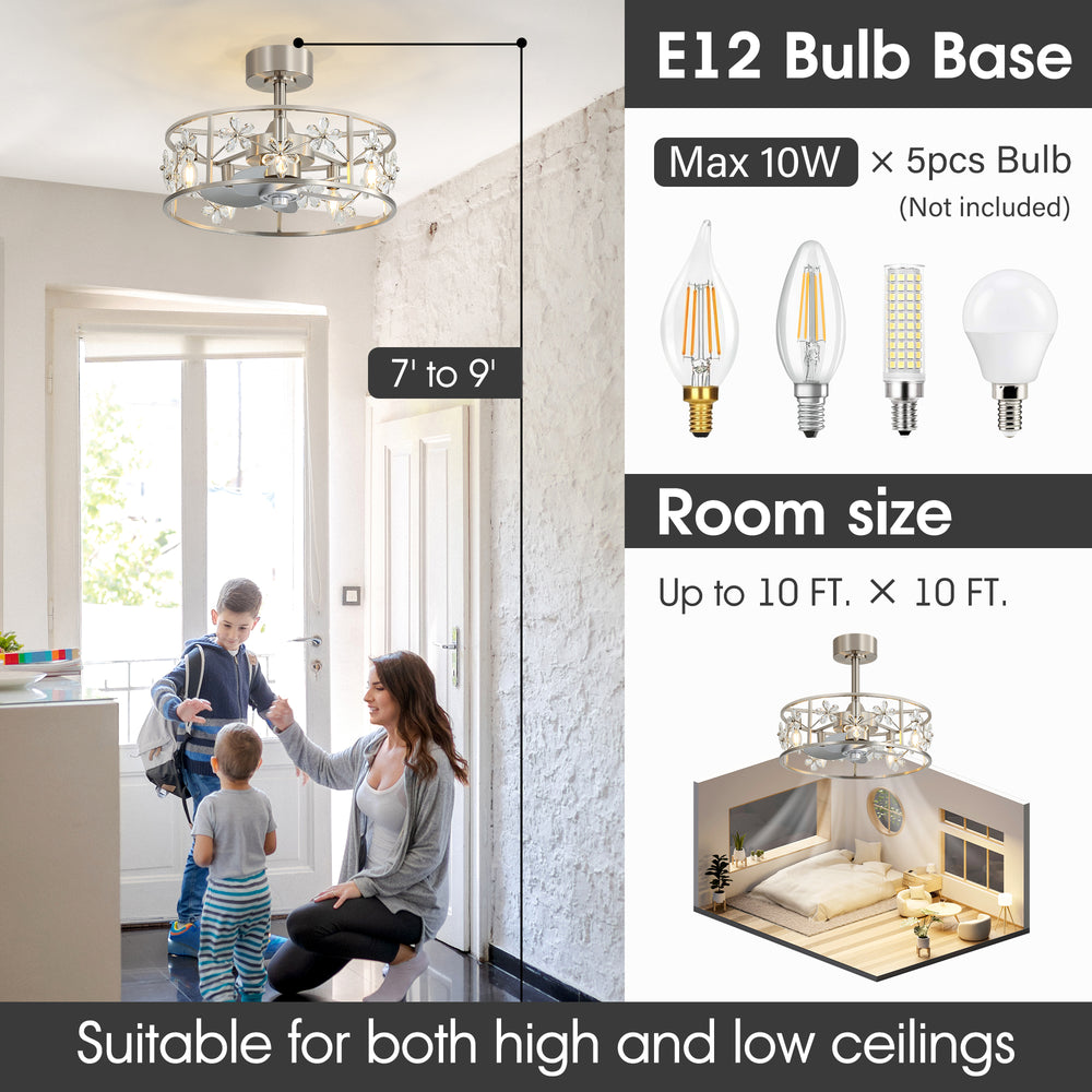 20-inch Crystal Cage Ceiling Fan with Light, Floral/Leaf Crystal Shade, 5-Blade Reversible DC Motor, 6 Speeds, Remote Control, Includes 6" & 10" Downrods, Indoor Ceiling Fan for Bedroom/Living Room