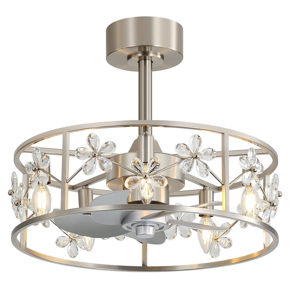 20-inch Crystal Cage Ceiling Fan with Light, Floral/Leaf Crystal Shade, 5-Blade Reversible DC Motor, 6 Speeds, Remote Control, Includes 6" & 10" Downrods, Indoor Ceiling Fan for Bedroom/Living Room