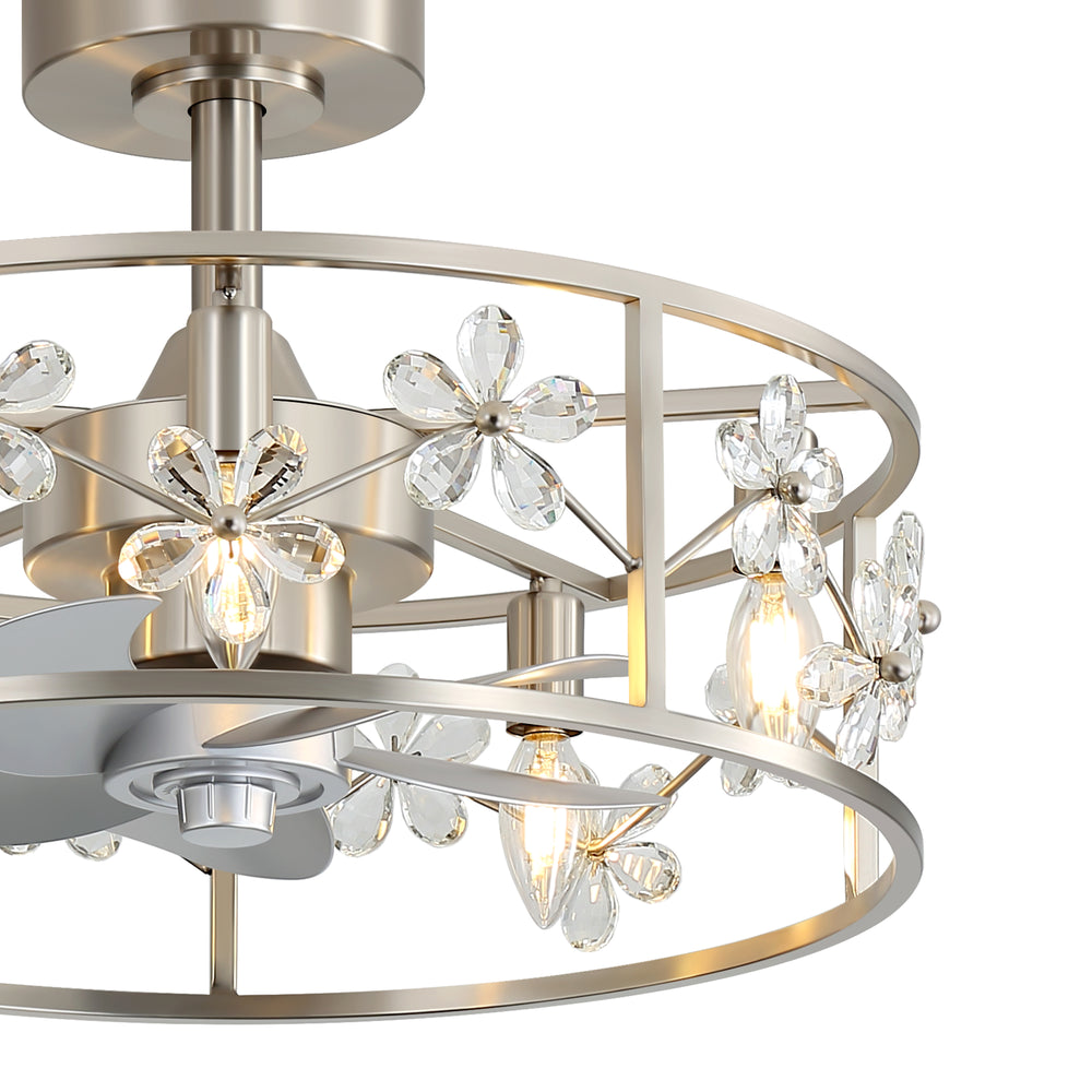 20-inch Crystal Cage Ceiling Fan with Light, Floral/Leaf Crystal Shade, 5-Blade Reversible DC Motor, 6 Speeds, Remote Control, Includes 6" & 10" Downrods, Indoor Ceiling Fan for Bedroom/Living Room