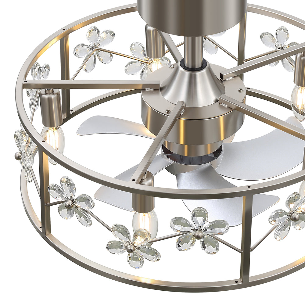 20-inch Crystal Cage Ceiling Fan with Light, Floral/Leaf Crystal Shade, 5-Blade Reversible DC Motor, 6 Speeds, Remote Control, Includes 6" & 10" Downrods, Indoor Ceiling Fan for Bedroom/Living Room