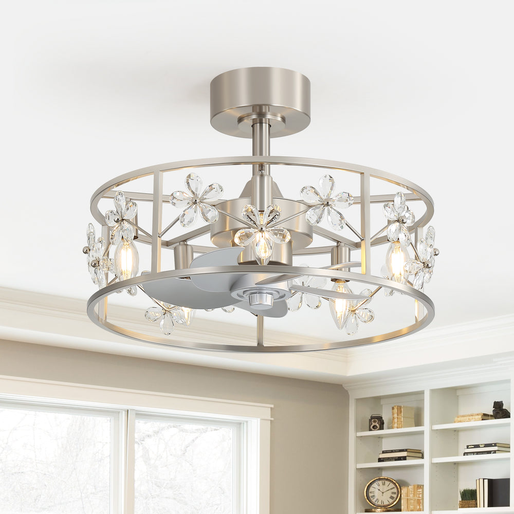 20-inch Crystal Cage Ceiling Fan with Light, Floral/Leaf Crystal Shade, 5-Blade Reversible DC Motor, 6 Speeds, Remote Control, Includes 6" & 10" Downrods, Indoor Ceiling Fan for Bedroom/Living Room