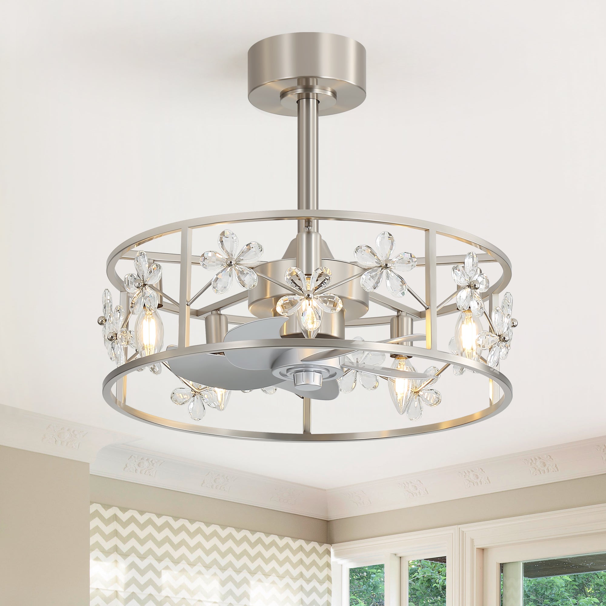 Avelis 20 inch crystal floral caged ceiling fan with light installed indoors