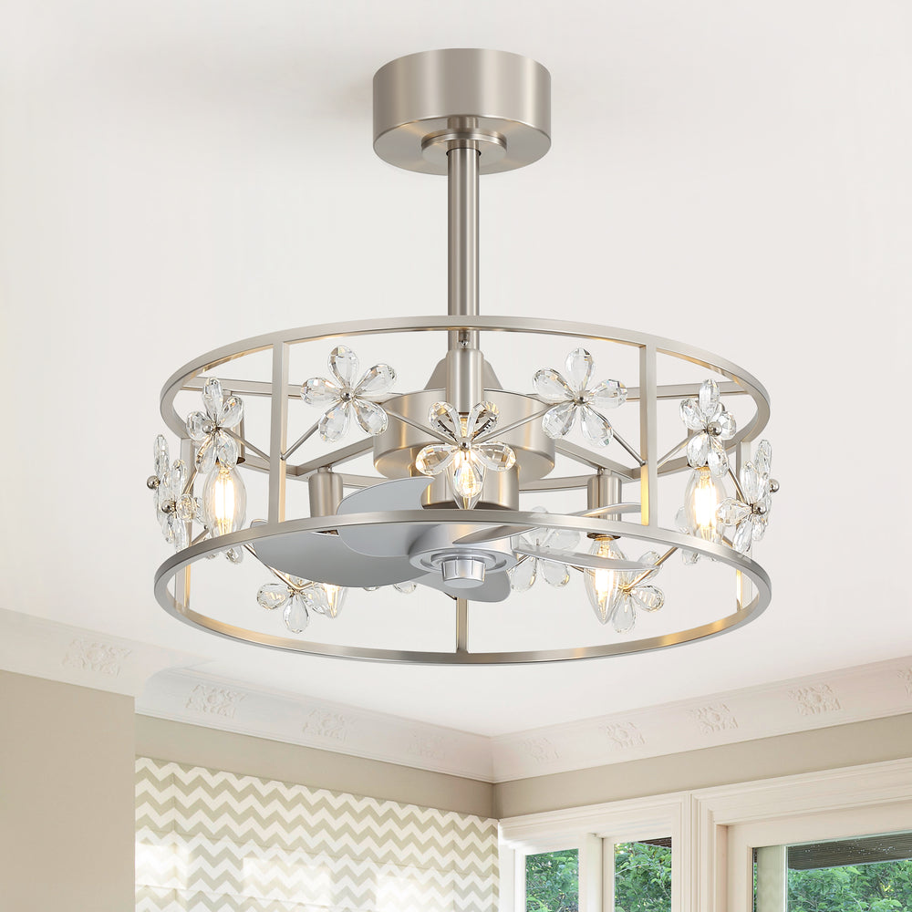 20-inch Crystal Cage Ceiling Fan with Light, Floral/Leaf Crystal Shade, 5-Blade Reversible DC Motor, 6 Speeds, Remote Control, Includes 6" & 10" Downrods, Indoor Ceiling Fan for Bedroom/Living Room