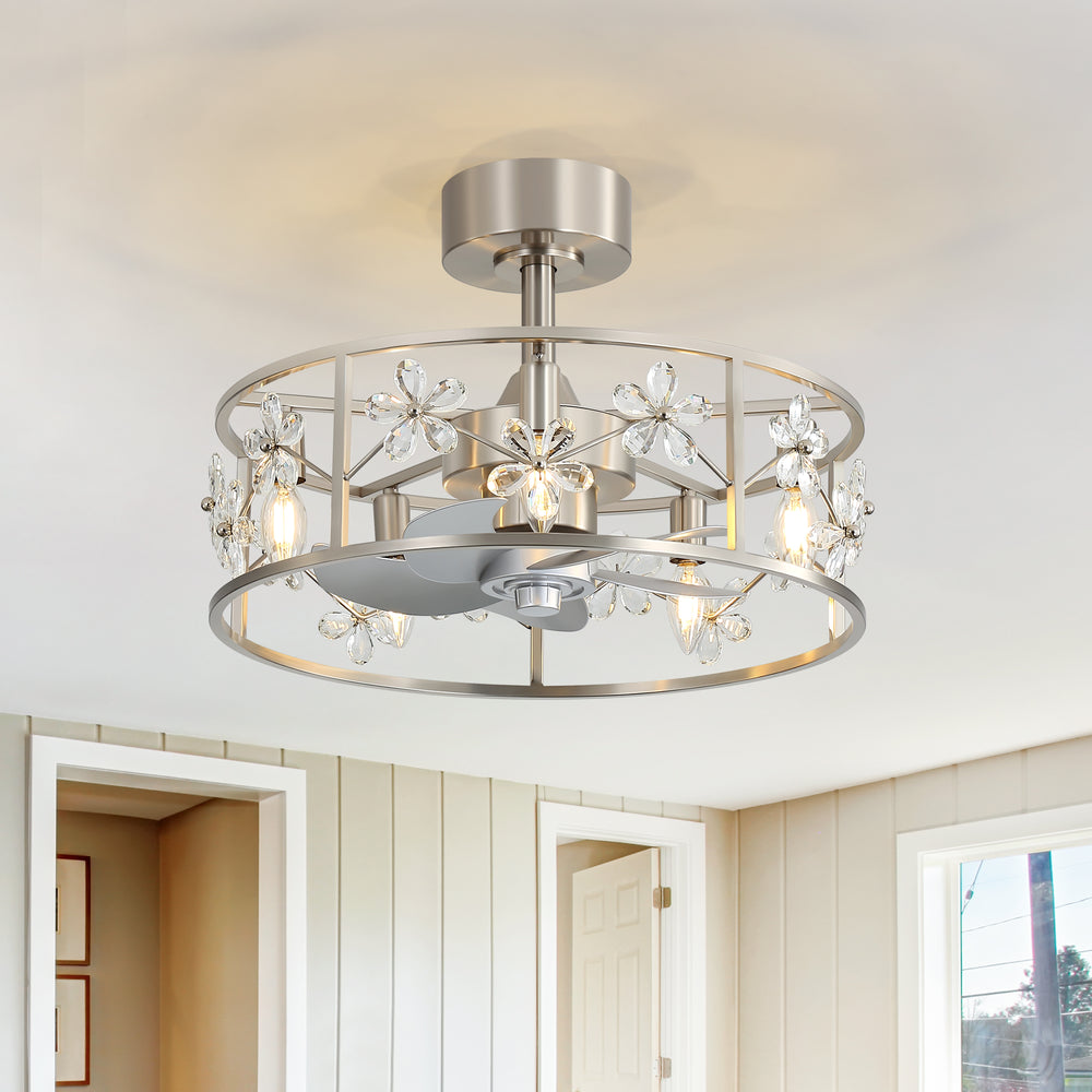 20-inch Crystal Cage Ceiling Fan with Light, Floral/Leaf Crystal Shade, 5-Blade Reversible DC Motor, 6 Speeds, Remote Control, Includes 6" & 10" Downrods, Indoor Ceiling Fan for Bedroom/Living Room