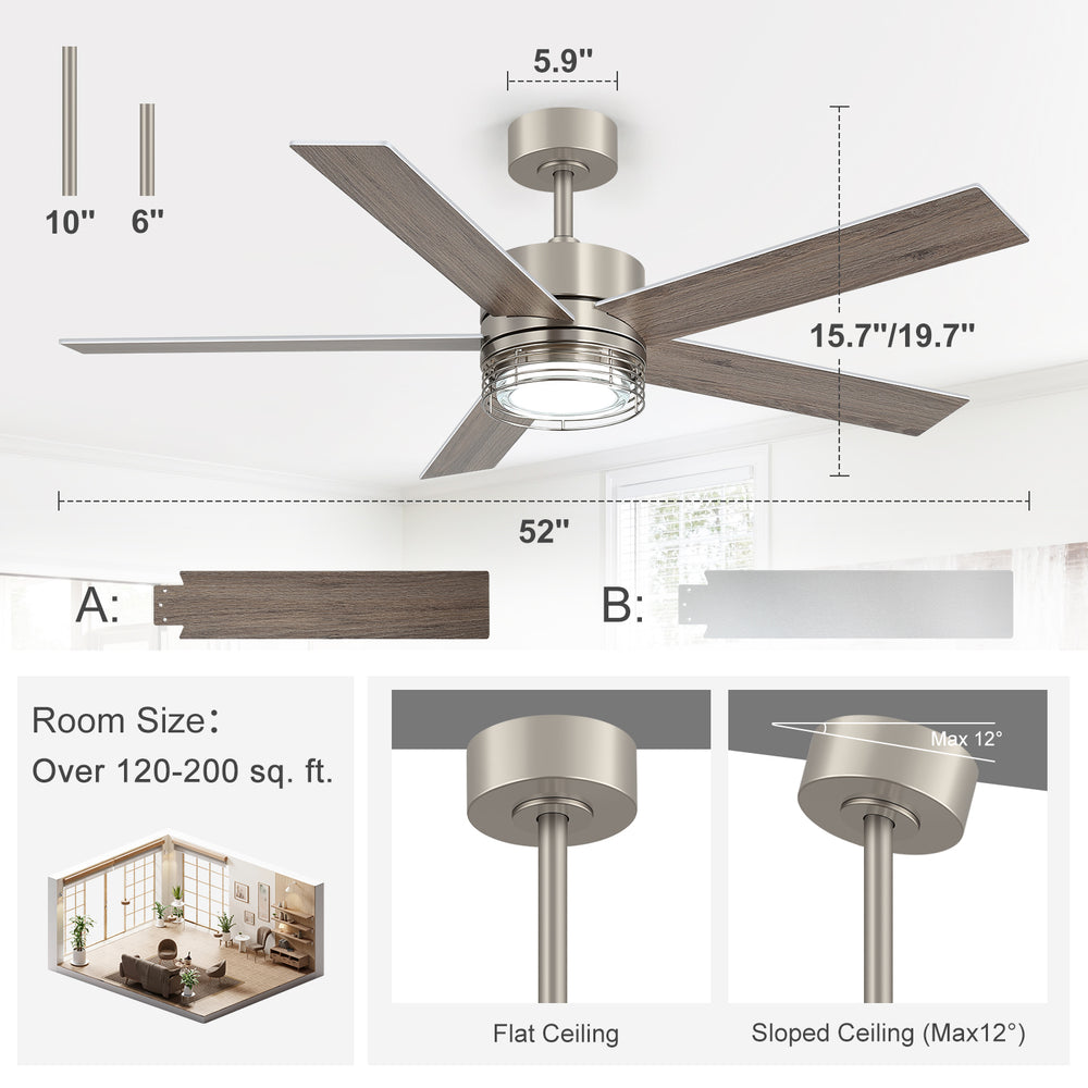 Breezary 52"/72" Silent DC Motor Modern Ceiling Fan with 3-CCT Dimmable LED Light (Multi-Size)