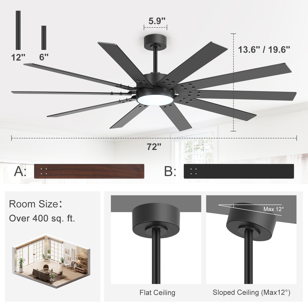 Breezary 72" 10-Blade Silent DC Motor Modern Ceiling Fan with 3-CCT LED Light (Memory Function)