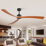 Koren 72-Inch Black Ceiling Fan with No Lights featuring 3 wood blades in a modern open-concept living room