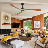 Koren 72 inch black ceiling fan with no lights featuring 3 wood blades in a warm modern living room setting