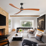 Koren 72-Inch Black Ceiling Fan with No Lights featuring 3 wood blades installed in a spacious modern living room