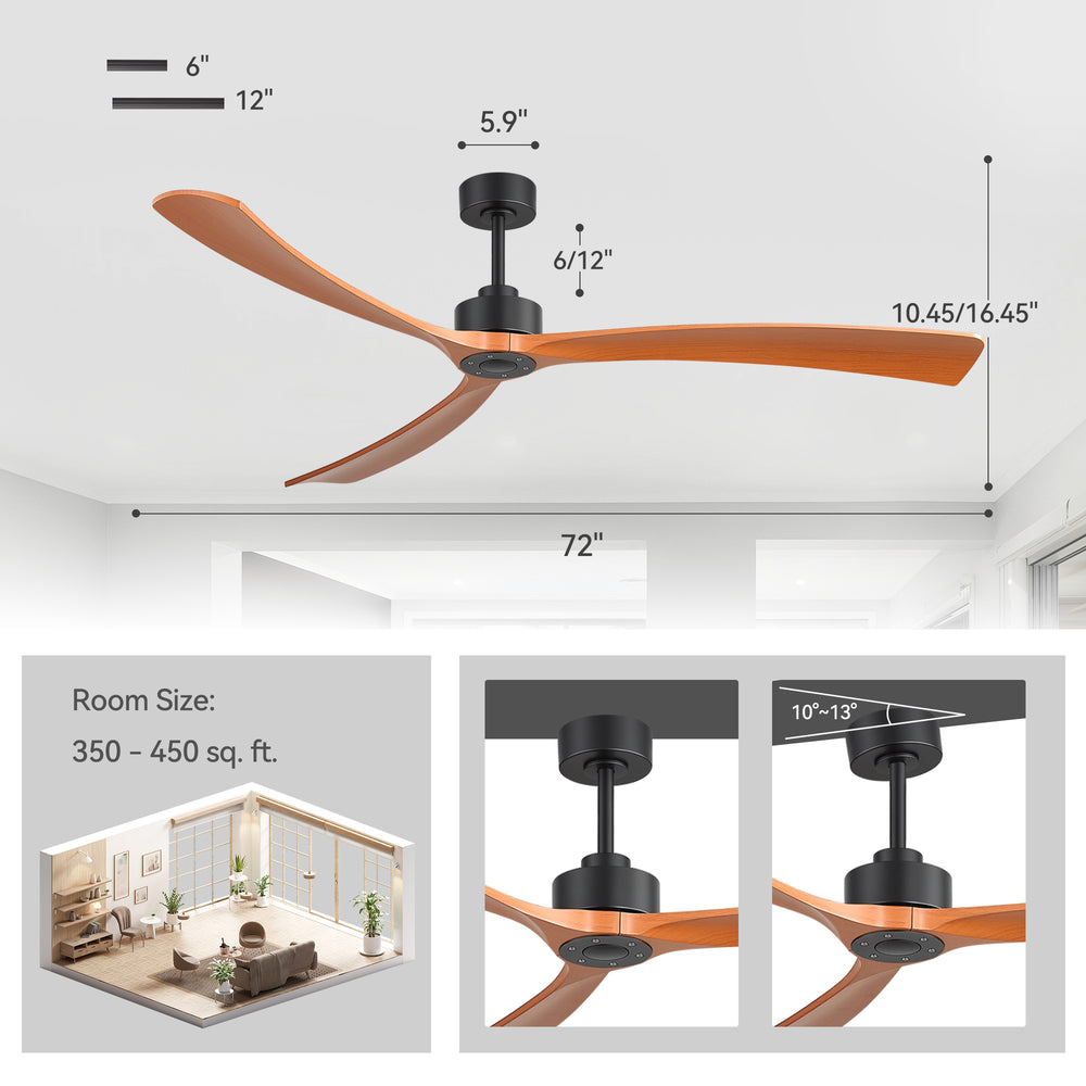 Breezary 72" 3-Blade Silent DC Motor Modern Ceiling Fan - Matte Black & Walnut (No Light)