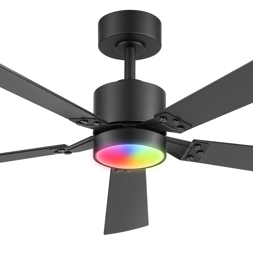 52-Inch Matte Black Ceiling Fan with RGB LED Light, 3 CCT 3000K/4000K/6000K, DC Motor 6-Speed Reversible, Remote Control with 2H Timer, Dual-Finish Blades