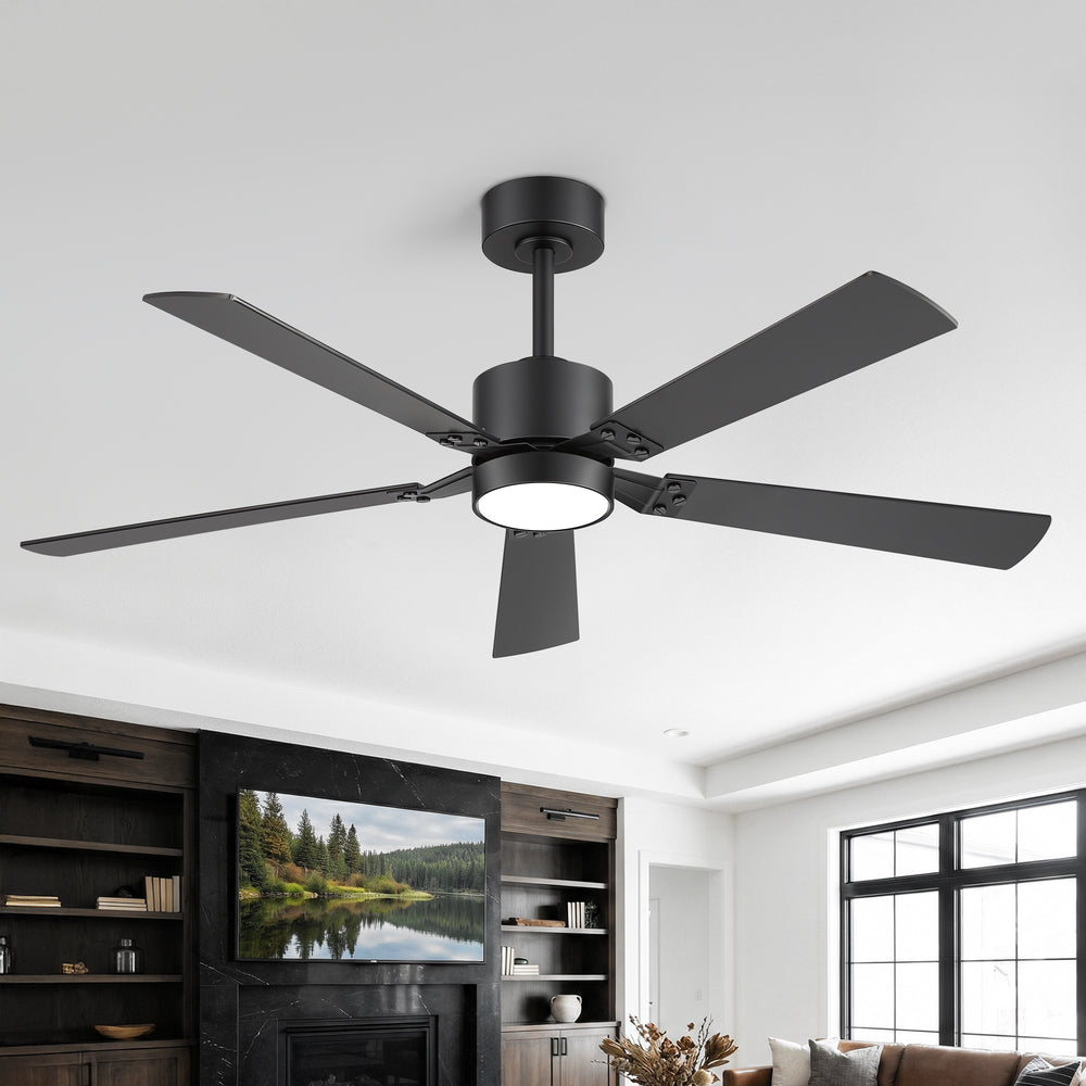 52-Inch Matte Black Ceiling Fan with RGB LED Light, 3 CCT 3000K/4000K/6000K, DC Motor 6-Speed Reversible, Remote Control with 2H Timer, Dual-Finish Blades