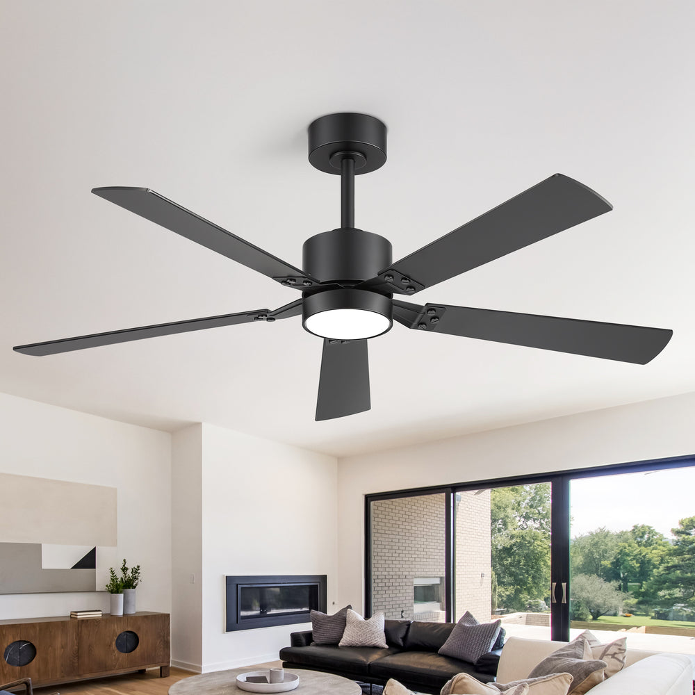 52-Inch Matte Black Ceiling Fan with RGB LED Light, 3 CCT 3000K/4000K/6000K, DC Motor 6-Speed Reversible, Remote Control with 2H Timer, Dual-Finish Blades