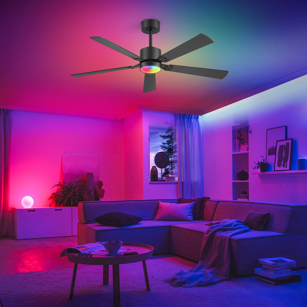 52-Inch Matte Black Ceiling Fan with RGB LED Light, 3 CCT 3000K/4000K/6000K, DC Motor 6-Speed Reversible, Remote Control with 2H Timer, Dual-Finish Blades