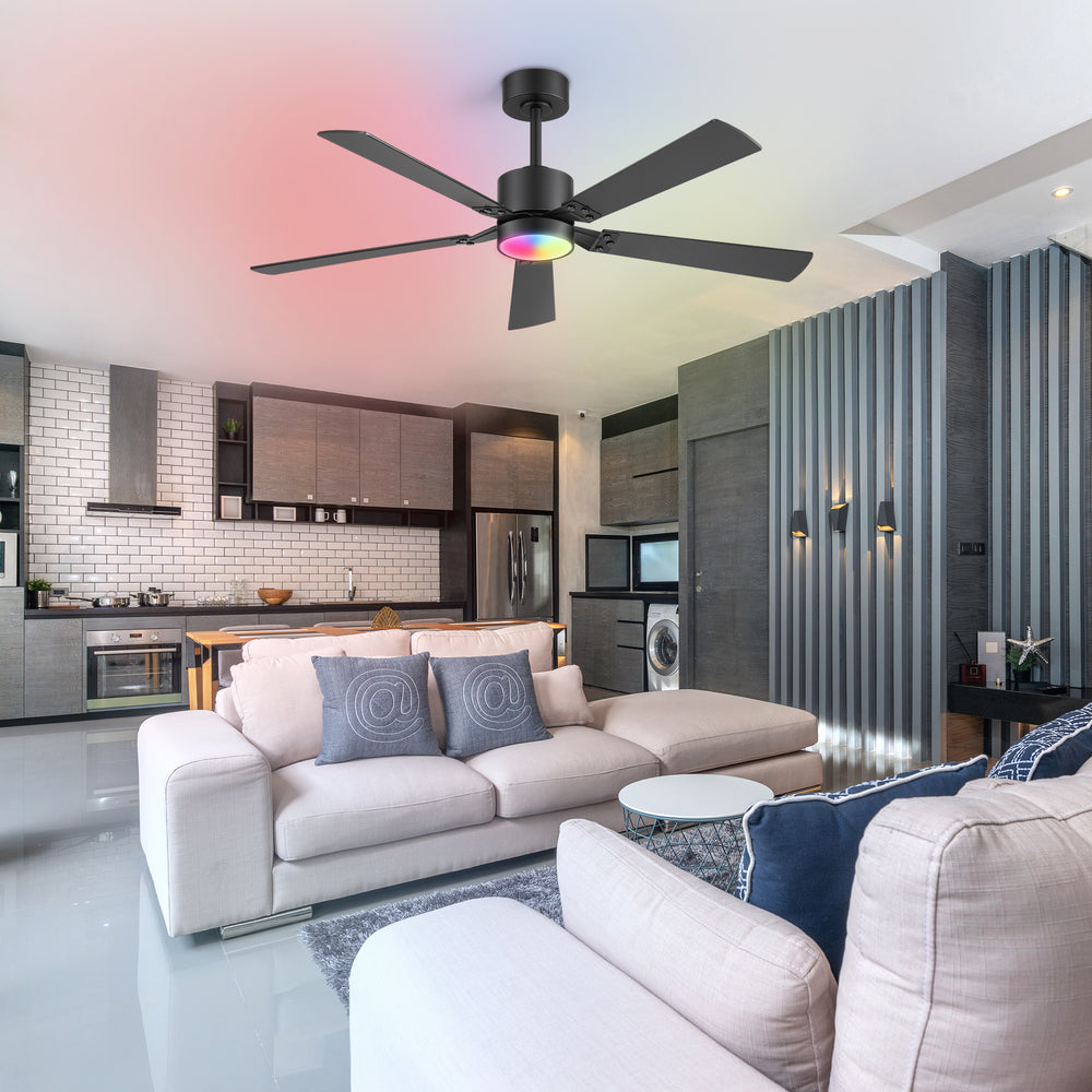 52-Inch Matte Black Ceiling Fan with RGB LED Light, 3 CCT 3000K/4000K/6000K, DC Motor 6-Speed Reversible, Remote Control with 2H Timer, Dual-Finish Blades