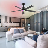 52-Inch Matte Black Ceiling Fan with RGB LED Light, 3 CCT 3000K/4000K/6000K, DC Motor 6-Speed Reversible, Remote Control with 2H Timer, Dual-Finish Blades