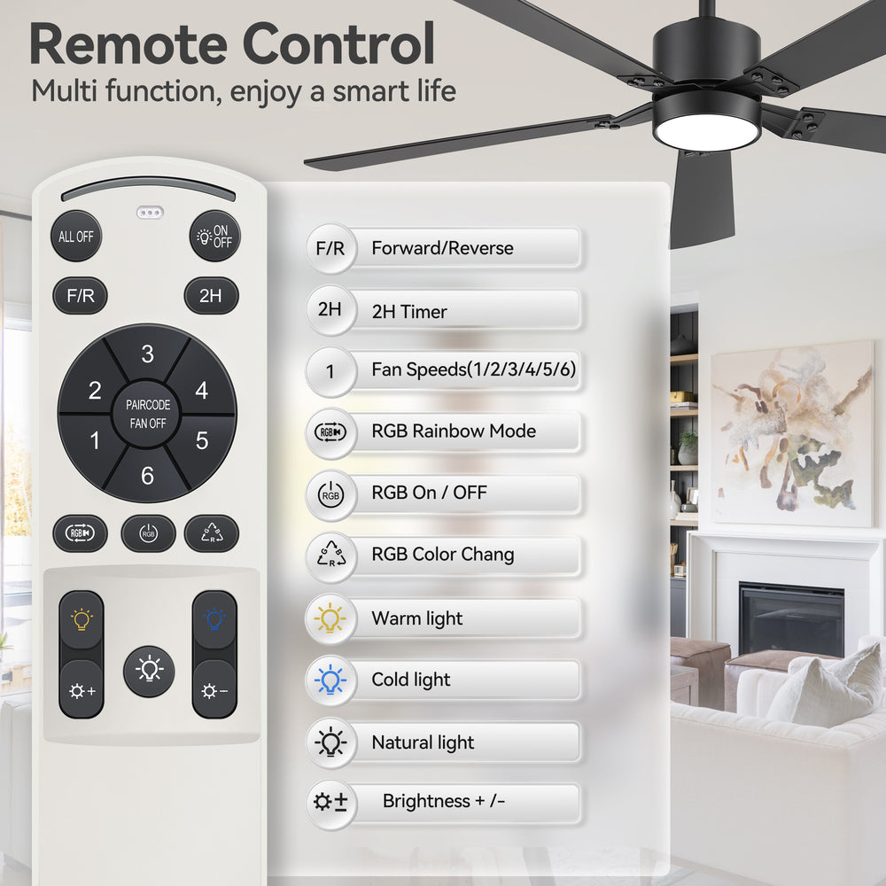 52-Inch Matte Black Ceiling Fan with RGB LED Light, 3 CCT 3000K/4000K/6000K, DC Motor 6-Speed Reversible, Remote Control with 2H Timer, Dual-Finish Blades